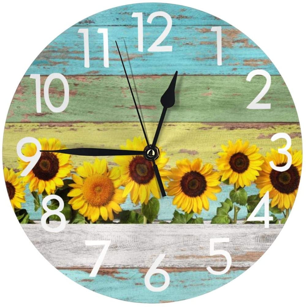 Round Wooden Wall Clock ,Blue Wood Sunflowers Wall Clock Battery Operated Wall Decor for Kitchen