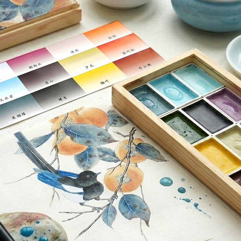 Slccxzc Traditional Chinese Watercolor Paint Set, 12 Vibrant Solid Colors Travel Art Kit