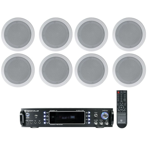 Rockville RPA60BT Home Theater Receiver Amp (8) 5.25" White Ceiling Speakers