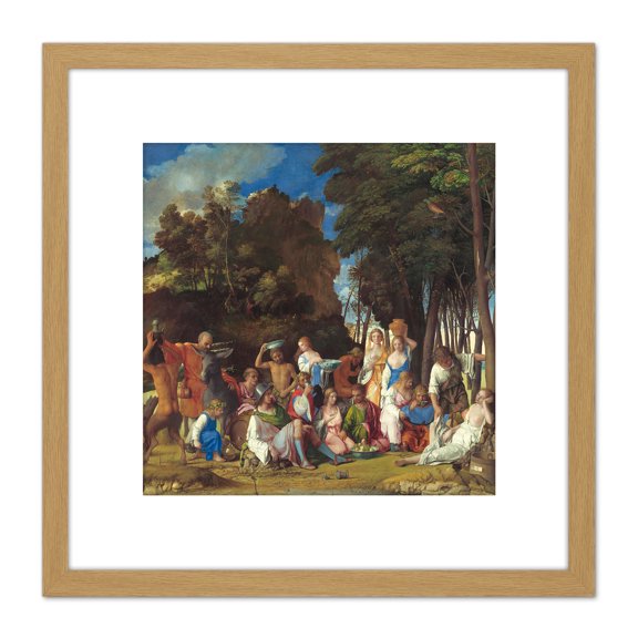 Painting Bellini Titian The Feast Of The Gods 8X8 Inch Square Wooden Framed Wall Art Print Picture with Mount