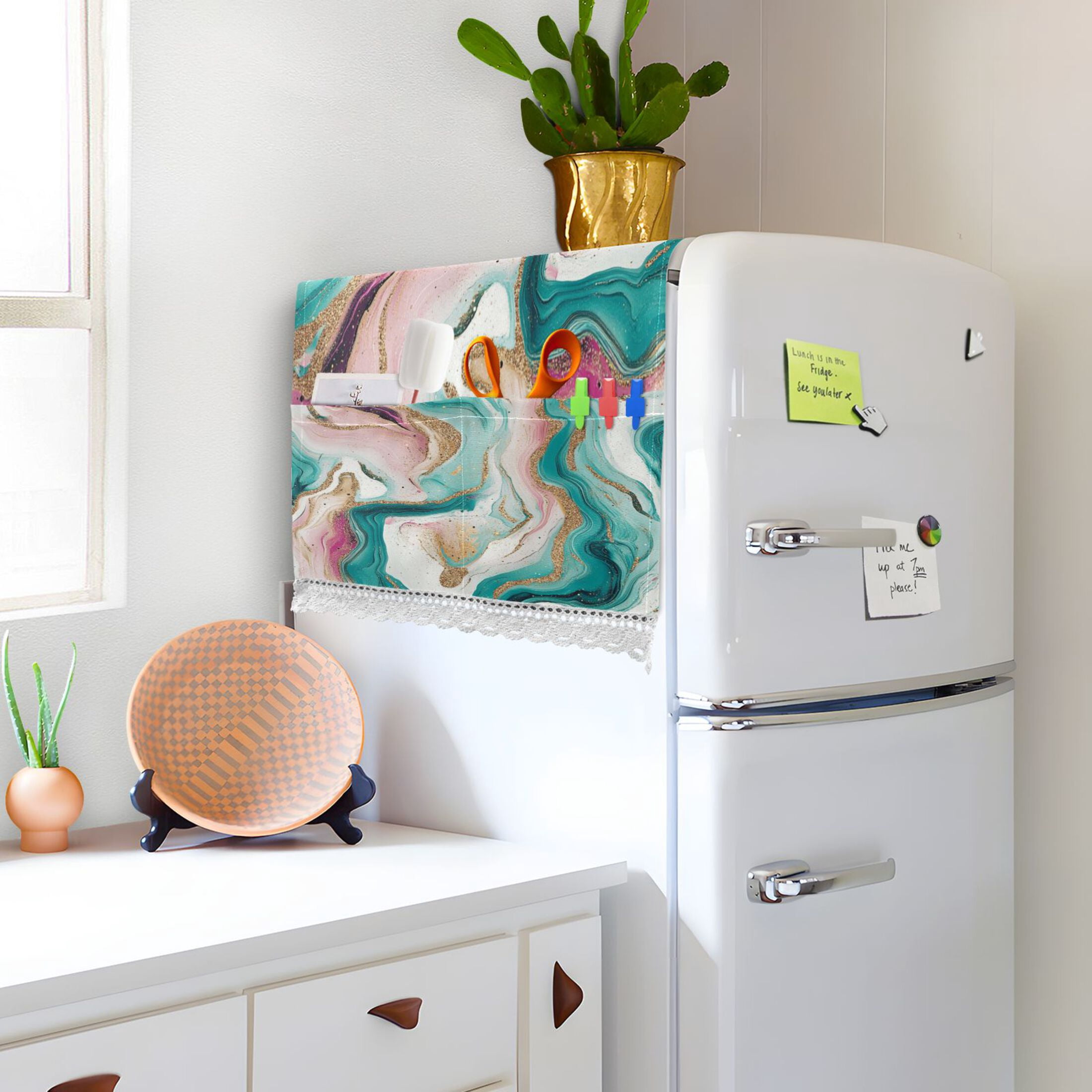 Dustproof Washing Machine Cloth Washer and Dryer Top Covers, Fridge Dust Cover, With Storage Bags Teal Swirling Marble Pattern