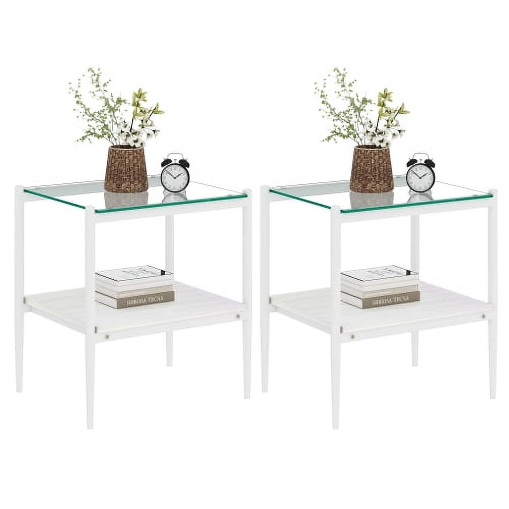 MOONMISS 2 Pack Rectangle End Table, Tempered Glass Top Side Table with MDF Frame, Modern Transparent Glass Accent Table for Living Room, Bedroom, Home Decor, White