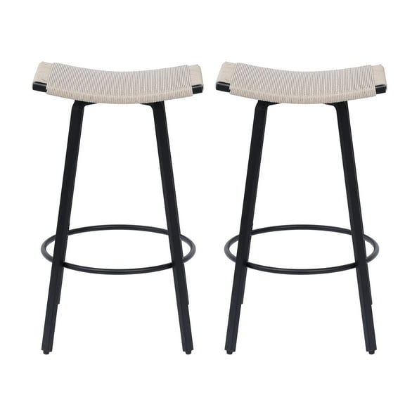 Counter-Height Bar Stools, 2-Piece Set - Backless Handwoven PVC Stools with Round Footrest, Black & Ivory, Perfect for Indoor and Outdoor Use