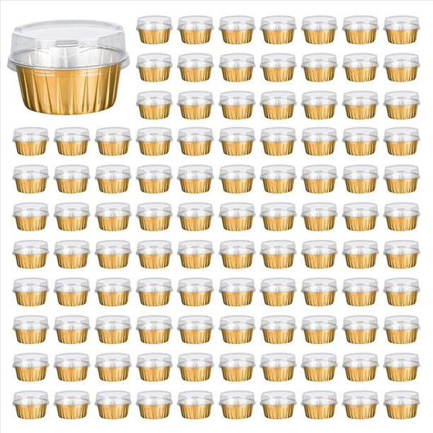 Tazas de Postre con Tapas, Paquete de 250 Soportes para Tazas para Hornear de Papel de Aluminio Dorado, Tazas de PudíN Transparentes para Hornear Cupcakes