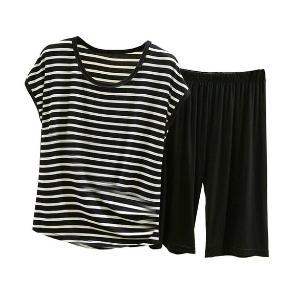 NMMUED Two Piece Sets for Women Two Piece Short Set for Women Pj Sets for Woman Capri Sets Women 2 Piece Outfits Loungewear, Black L