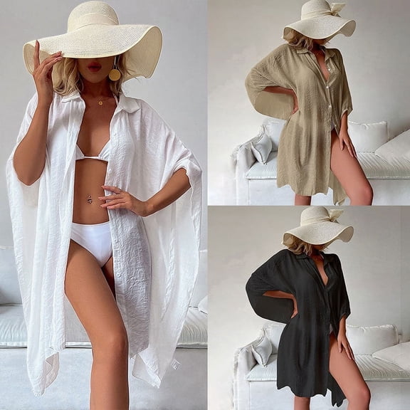 LEZMORE Women's Swimsuit Beach Cover Up Shirt Bikini Beachwear Bathing Suit Beach Dress Kimono Cardigan Shirt Coverup with Button Black