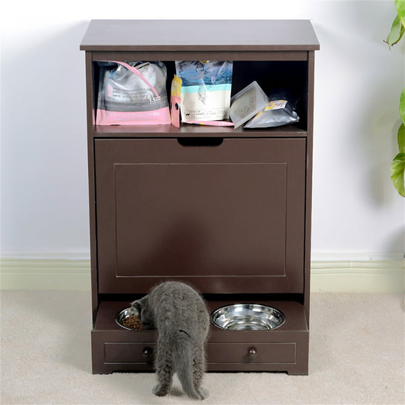 Pefilos 45lb Dog Food Storage Cabinet, Pet Feeding Station Furniture with 2 Bowls,Pet Dog and Cat Toy Storage Containers Organizer Double Pull Out Dog Bowl, Pet Food Cabinet, Brown