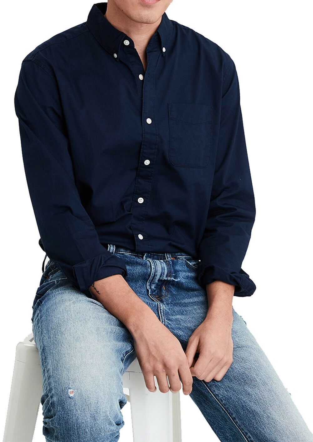 mens navy blue long sleeve button down shirt