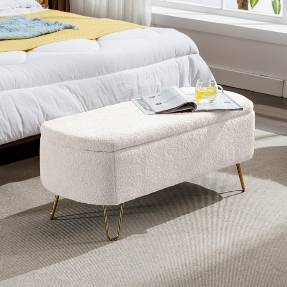 Othniel 39" White Boucle Storage Ottoman Bench Gold Legs Modern Footrest for Living Room Bedroom