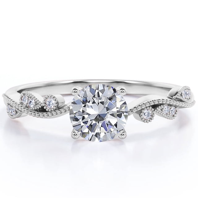 JeenMata Anillo de Compromiso con Banda Curva, Bisel Decorativo Milgrain, Moissanita Redonda de 1,10 Quilates, Baño de Oro Blanco de 18 K sobre Plata