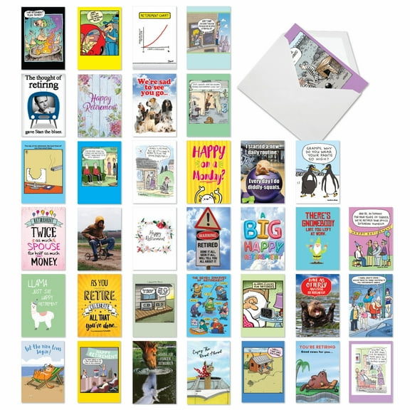 36 Assorted Set Funny Retirement Greeting Cards - Time To Retire - Hysterical Illustrations and Photographs of Various Themes