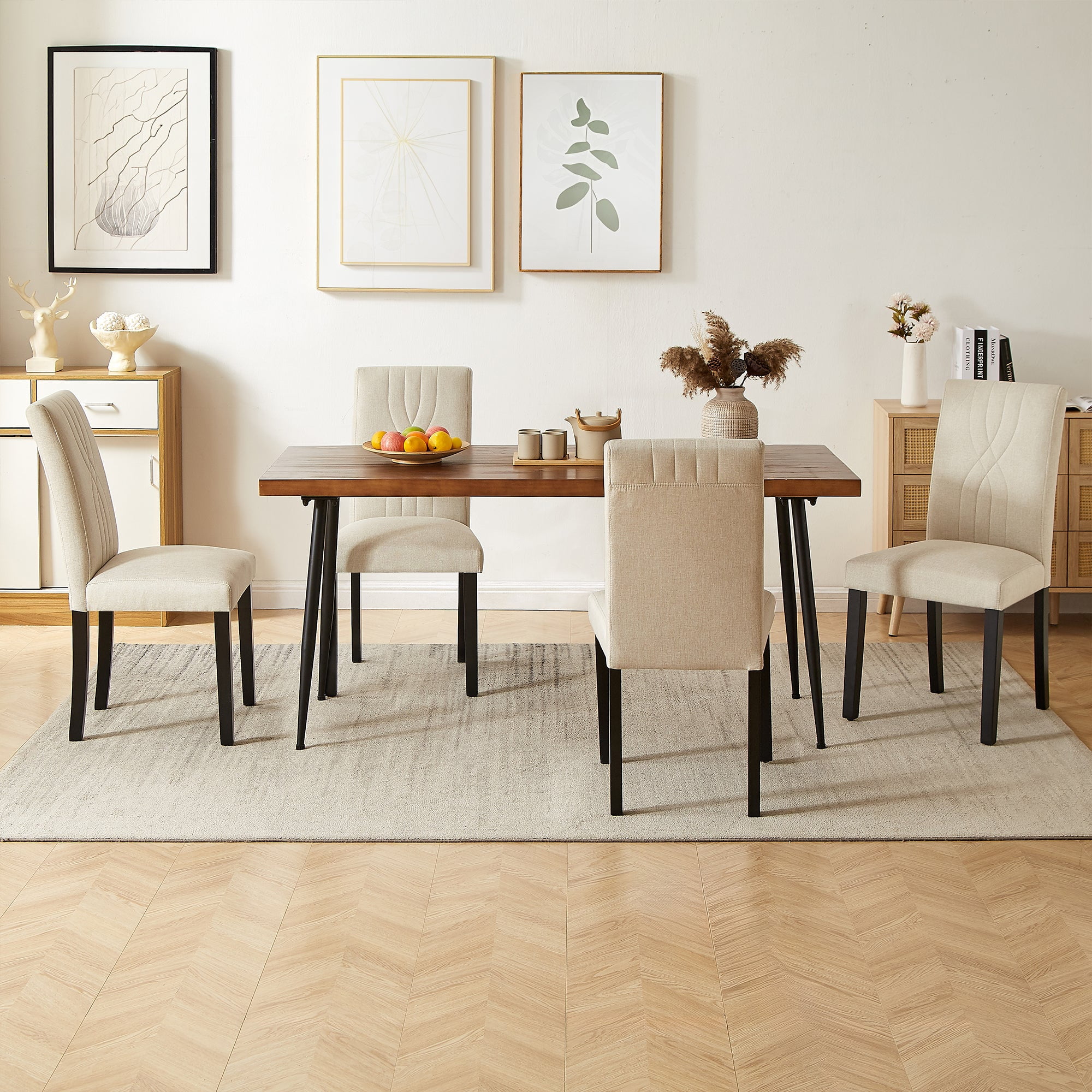 VECELO Upholstered Dining Chairs, Modern Fabric High Back Chair with Wood Legs for Kitchen, Living Room, Set of 4, Beige