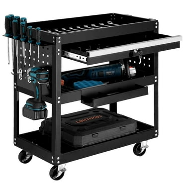 Gewna 3-Tier Metal Rolling Tool Cart, Lockable Drawer, 330 lbs Capacity, Heavy Duty Utility Cart for Garage Black
