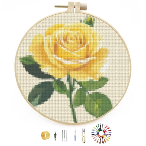 Yellow Rose Graphic Stamped Cross Stitch Kits for Beginners with Hoop Simple Patterns 11CT Counted Embroidery Needlepoint Crafts Arts for DIY Enthusiasts and Home Decor 26x26cm(6)