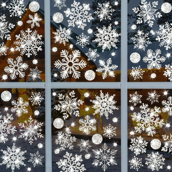 ​Glitter Snowflake Window Stickers 186PCS Christmas Sparkling Snowflake Window Clings Winter Wonderland Decorations Farmhouse Rustic Xmas Snowflake Decorations for Home School Christmas Party