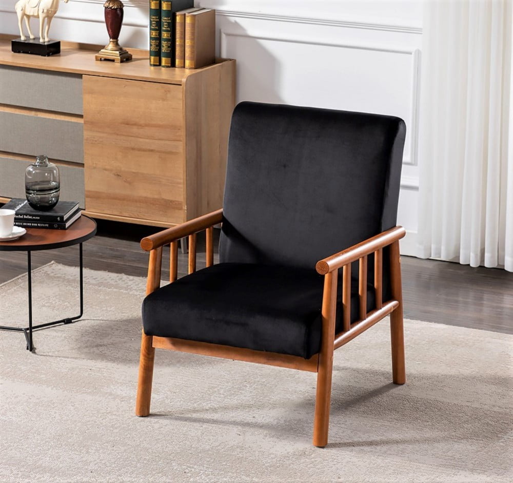 Mid Century Modern Accent Chair, 25" Wide Upholstered Armchair with Solid Wood Frame, Padded Seat & Arms, Black Velvet Lounge Chair for Living Room & Bedroom, Black