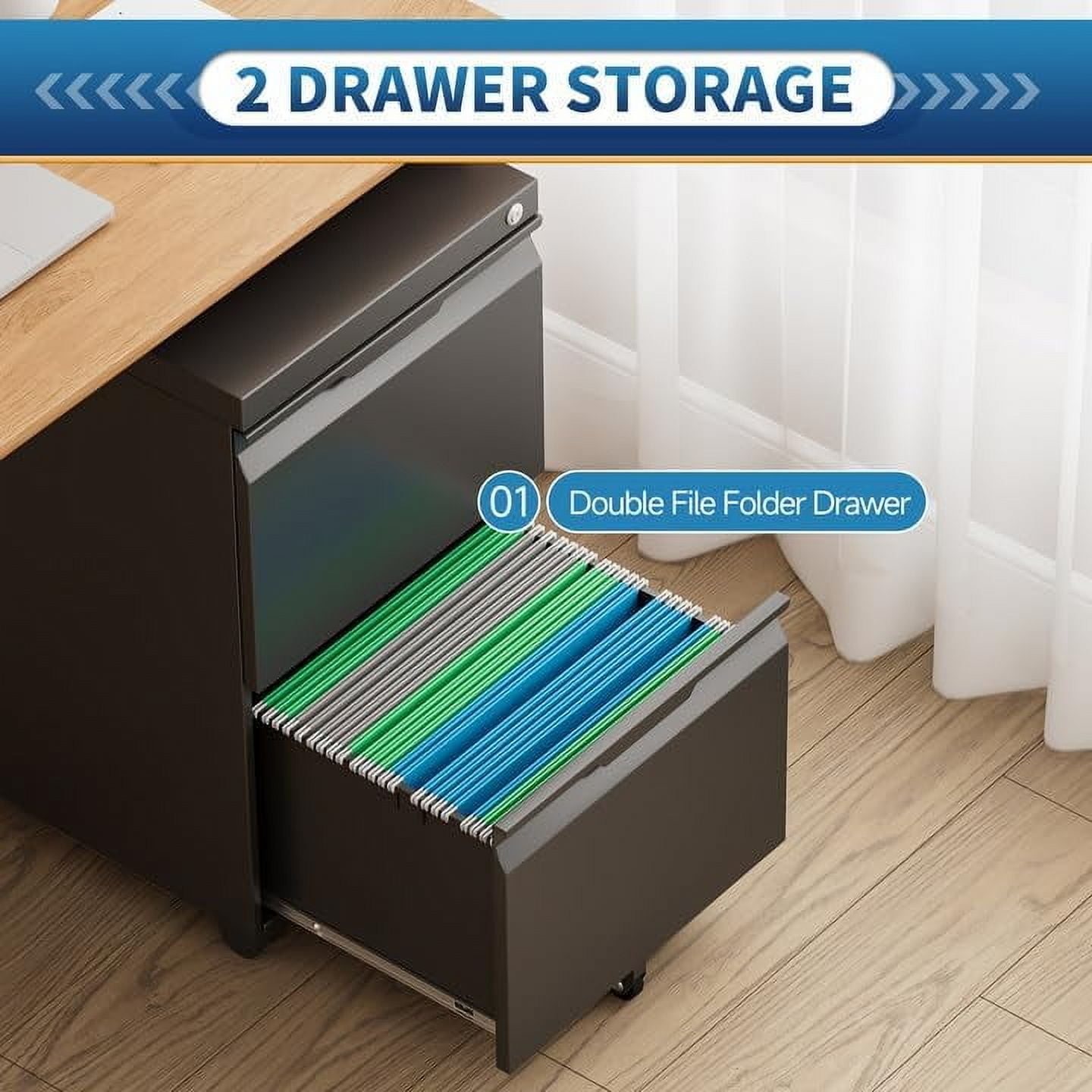 2 Drawer File Cabinet with Lock,Under Desk Storage Metal Filing Cabinet for Legal/Letter/A4 File,Mobile Rolling File Cabinet for Home Office- Assembly Required(Black)