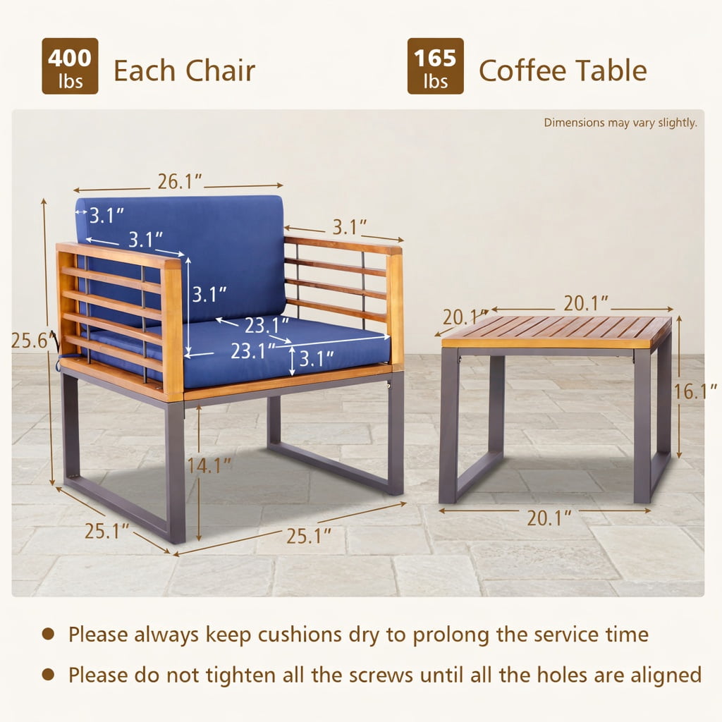 Hommoo 3-Piece Acacia Wood Patio Conversation Set with Cushioned Armchairs & Matching Coffee Table, Rust-Resistant Metal Frame, Removable Washable Covers, Ideal for Deck, Balcony & Porch, Navy