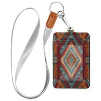 PU Leather Badge Holder ID Badge Holder with Lanyard for Cards & Credentials Vibrant Tribal Pattern