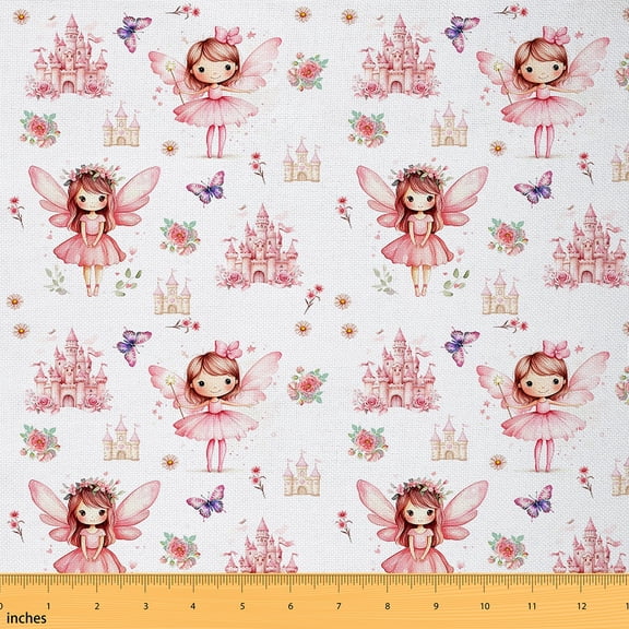 jejeloiu Angel Girl Fabric by the Yard 3 Yards,Fairy Tale Castle Sewing Fabric,Cute Flower Butterfly Fabric for Sewing For Girl Teens,Breathable Home Decor