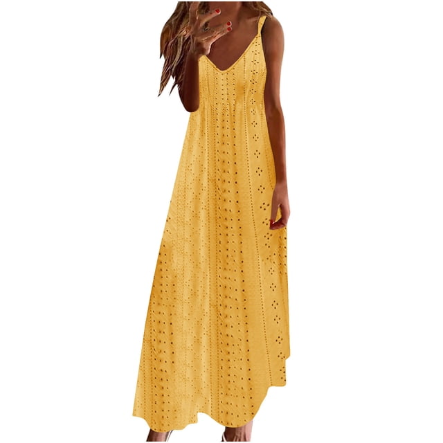 Besolor Robes Camisole pour Femmes Été Broderie Anglaise Col en V Sans Manches Robe Maxi Décontractée Ample Vacances Plage Robe d'Été