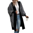 thumbnail image 2 of Women's Trendy Argyle Striped Knit Cardigan Open Front Long Sleeves Mid Long Sweater Coat Black XL, 2 of 10