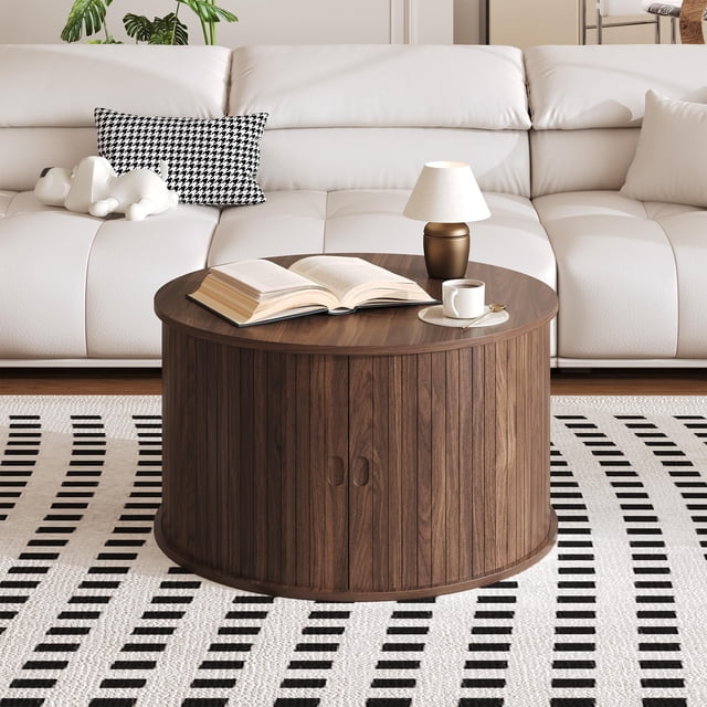 EDTara Table Basse Ronde de 28 Pouces, Base Cannelée Mi-Siècle Moderne avec Rangement Caché et Porte Tambour Coulissante