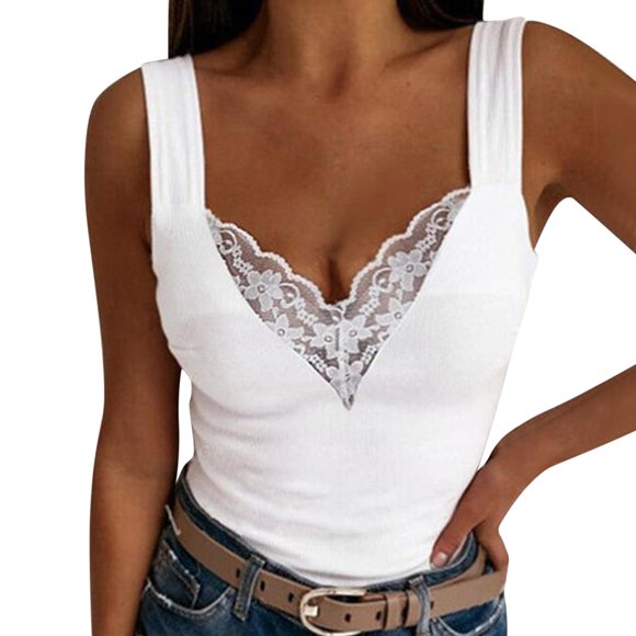 HBFAGFB Low Cut Tank Tops for Women Fashion Lace V Neck Floral Print Sleeveless T Shirts White Size L