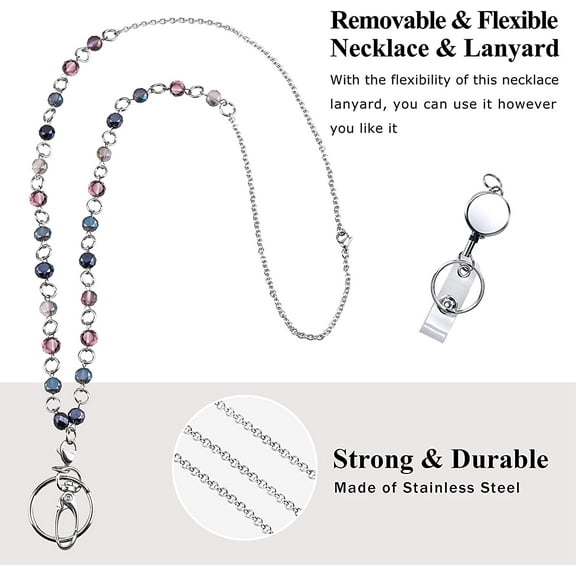 Retractable Badge Reel Lanyard with ID Holder for Women, Fashion Beaded Lanyard Stainless Steel Chain Necklace with Clear Waterproof Badge Card Holder (B)