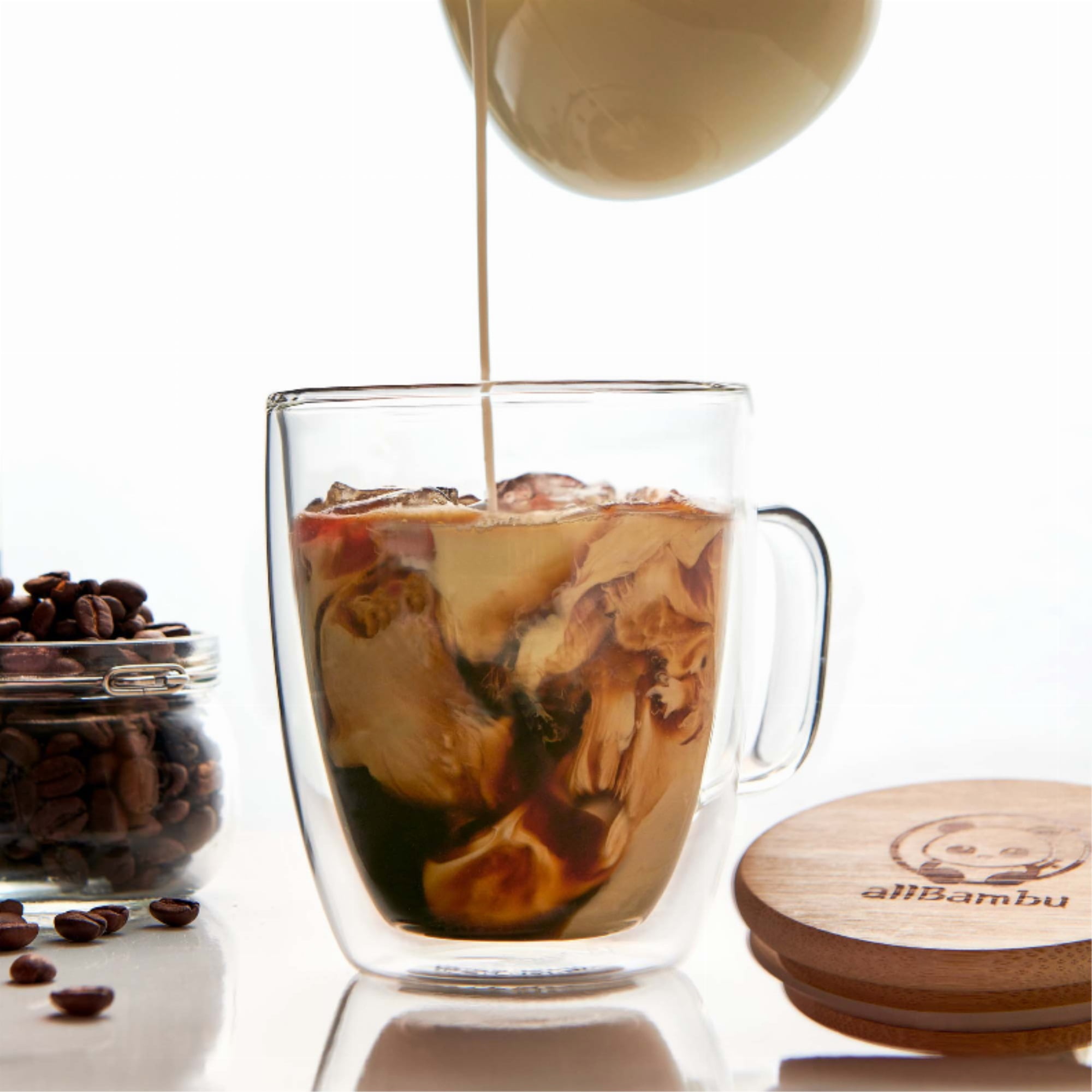 2 Pack Double Wall Coffee Mug Insulated Bamboo Glass Tea Coffee Cup with Lid