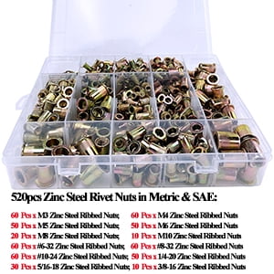 iMeshbean 520PCS Zinc Steel Rivet Nut Rivnut Insert Nutsert Kit SAE&Metric Threaded Rivets