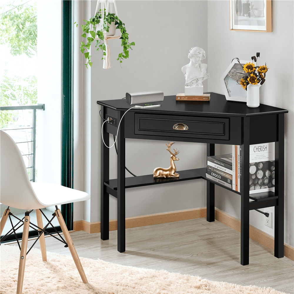 Yaheetech Corner Computer Desk Workstation with Power Outlet Storage Drawer, Black