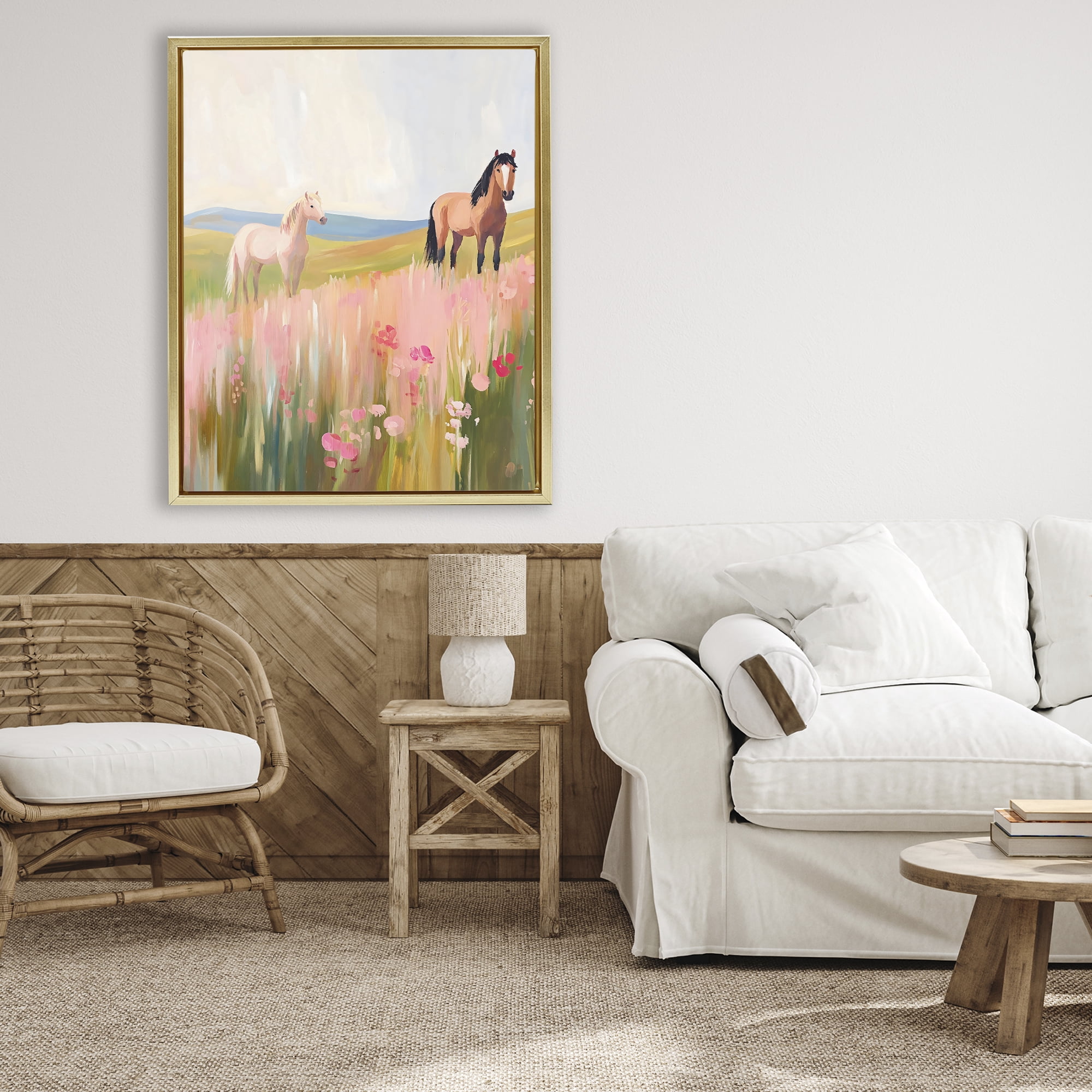 Stupell Industries Wild Horses in Pink Meadow Gold Framed Floater Canvas Wall Art, design by The Prints Vibe