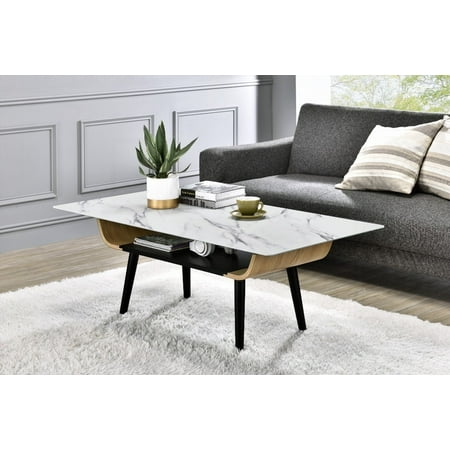 Landon's 47" Coffee Table featuring a Glass Top in White Marble Texture along with Bent Wood