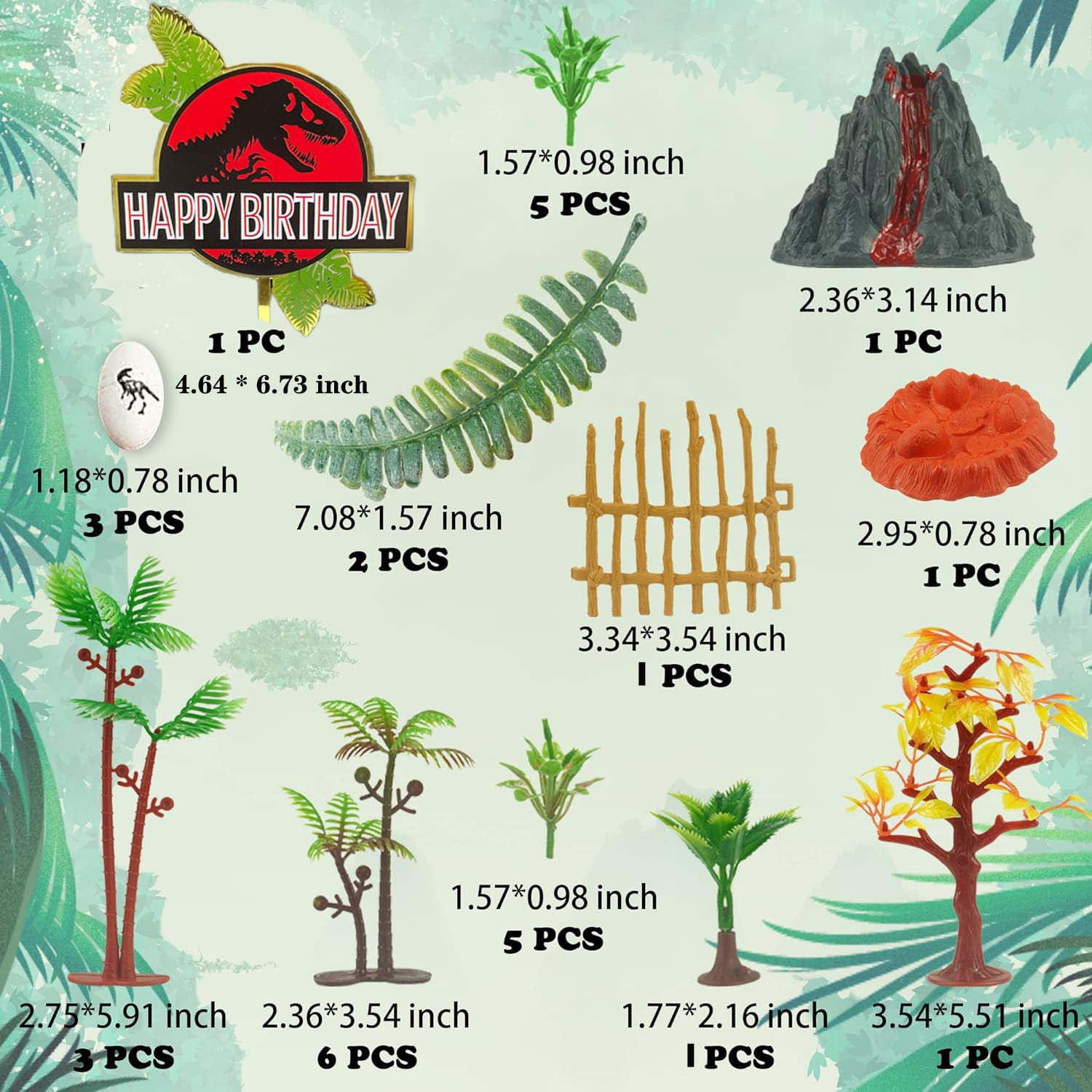 Dinosaur Cake Topper Set With Figurines & Trees - Birthday Party Decor For Dinosaur Theme