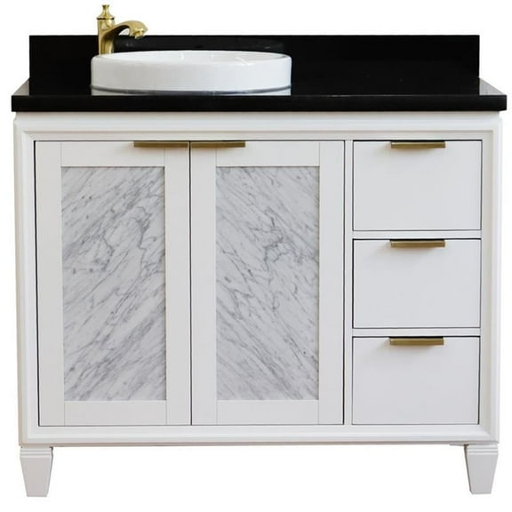 Trento Solid Wood Vanity with Left Round Sink in White/Black Galaxy
