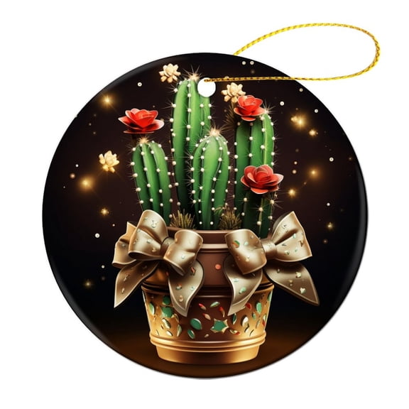 Christmas Ceramic Ornament Watercolor Cactus with Flowers Ceramic Double Sided Tree Xmas Ornament Cactus Plant Collectible Present Gift Xmas Tree Decoration Merry Xmas for Family & Friends