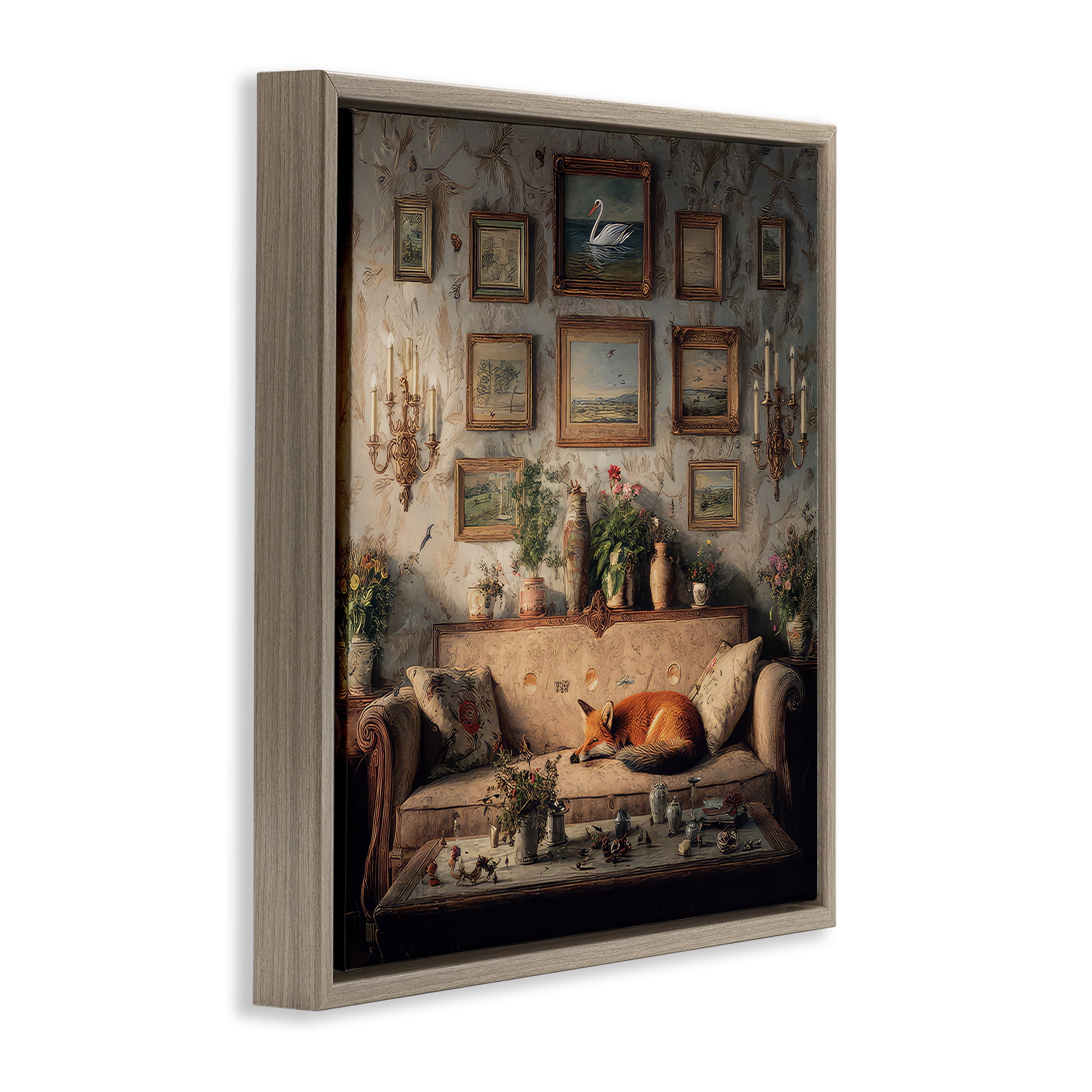 Stupell Industries Vintage Parlor with Fox Brown Framed Floater Canvas Wall Art, design by The Wands Want