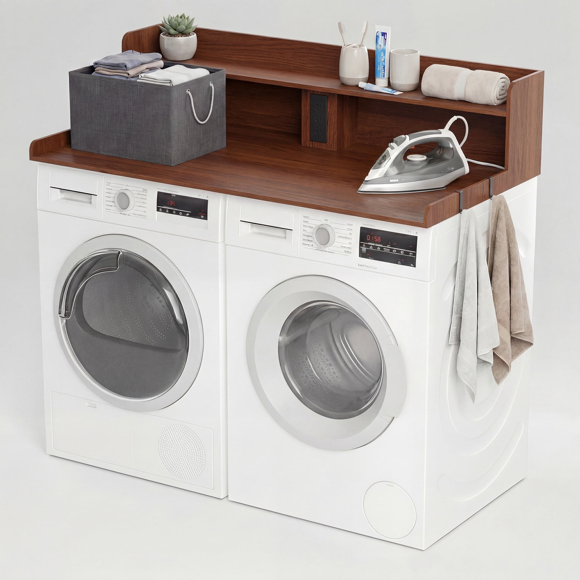 YDN Modern 54" Washer Dryer Countertop with Power Outlet & LED Lights - 2 Tiers Laundry Countertop with Shelf Space, Large Washer and Dryer Topper W/ Storage Basket,Non-Slip Pad,Metal Hooks,Walnut