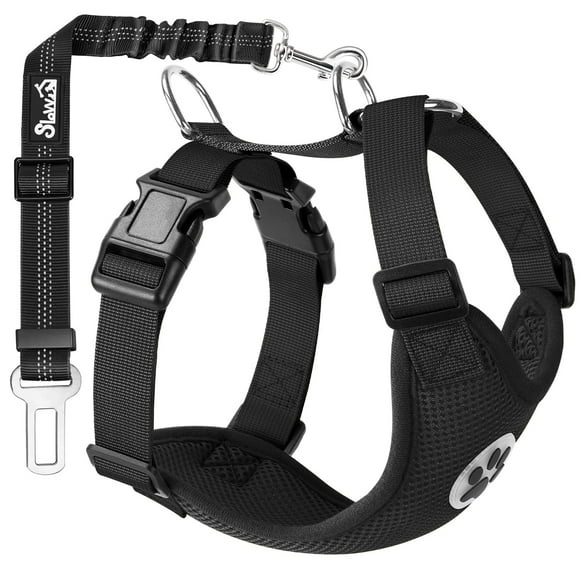 SlowTon Dog Car Harness Seat Belt Set Dog Vest Harness for Car Adjustable Mesh Breathable & Vehicle Safety Seatbelt Tether with Elastic Bungee for Small Medium Large Size Dogs Puppy Cats (Black S)