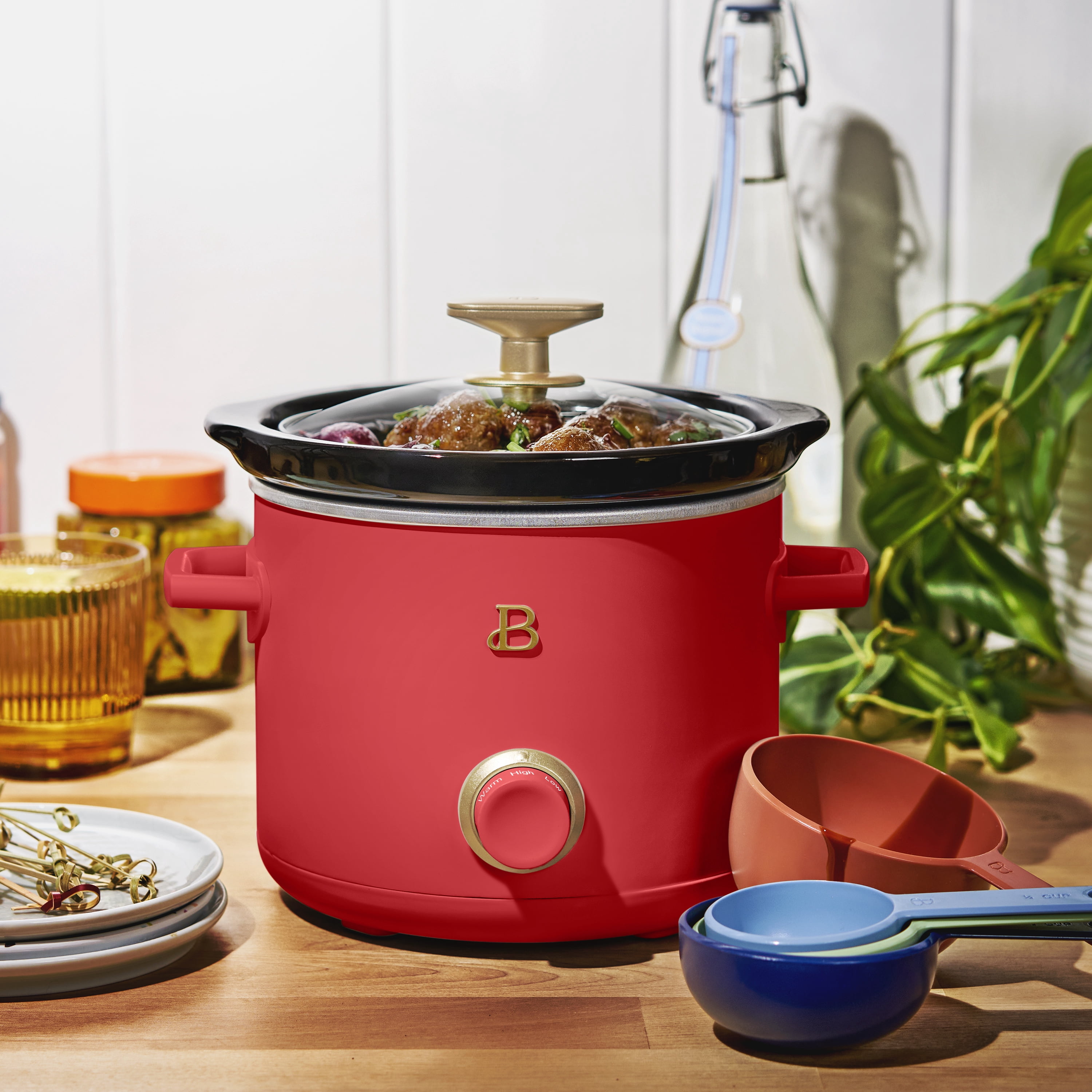 Beautiful 2 Qt Manual Slow Cooker, 2-Pack, Tomato Red + White Icing by Drew Barrymore