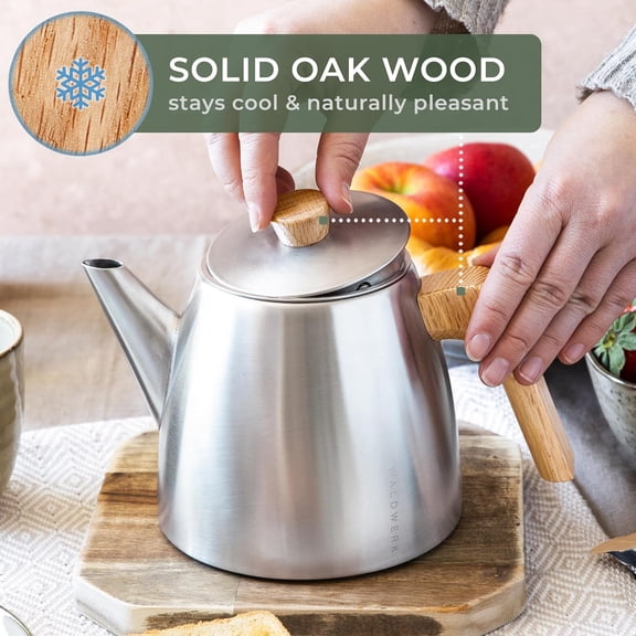 Tea Pot with Infuser - Double Wall Stainless Steel Teapot - Tea Pot with Infuser for Loose Tea - Made from 304 Stainless Steel and Oak Wood - Isolated Teapot with Strainer - 100% Drip Free