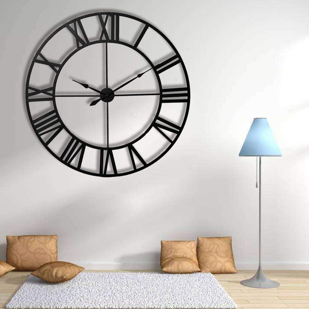 Vintage Silver Metal Large Wall Clock Roman Style Round Silent Non-ticking Battery Operated Roman Numerals Clocks for Living Room,Bedroom,Kitchen Decor