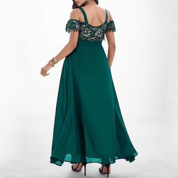 green floral cold shoulder dress Wedtrend Women Long Bridesmaid Dress with Slit Green Large Flower A Line Cold  Shoulder Chiffon Print Wedding Guest Dress – WEDTREND main image 0