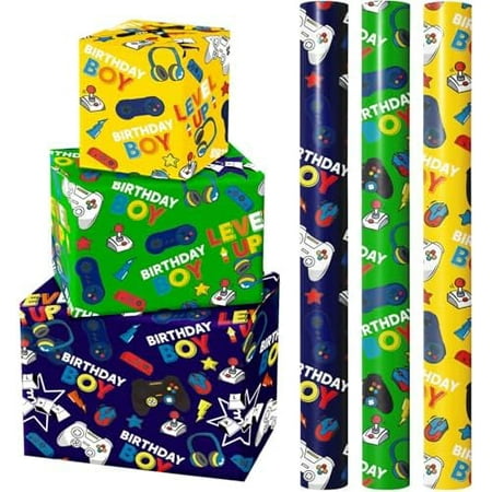Gaming Wrapping Paper Roll - 3 Short Roll - Video Game Birthday Wrapping Paper for Kids Boys Birthday, Game Lover - 17 Inch x 120 Inch Per roll