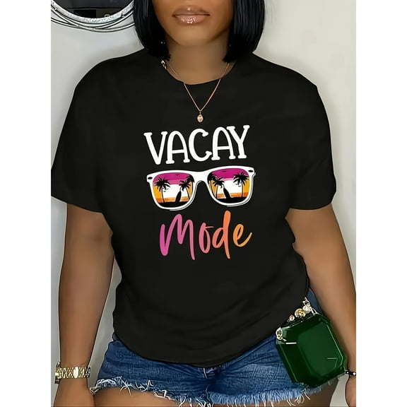 Women's Black "Vacay Mode" Tropical Graphic Tee Plus Size S-5XL, Summer Printed T-Shirt, Casual Oversized Top for Travel Enthusiasts & Beach Style Lovers