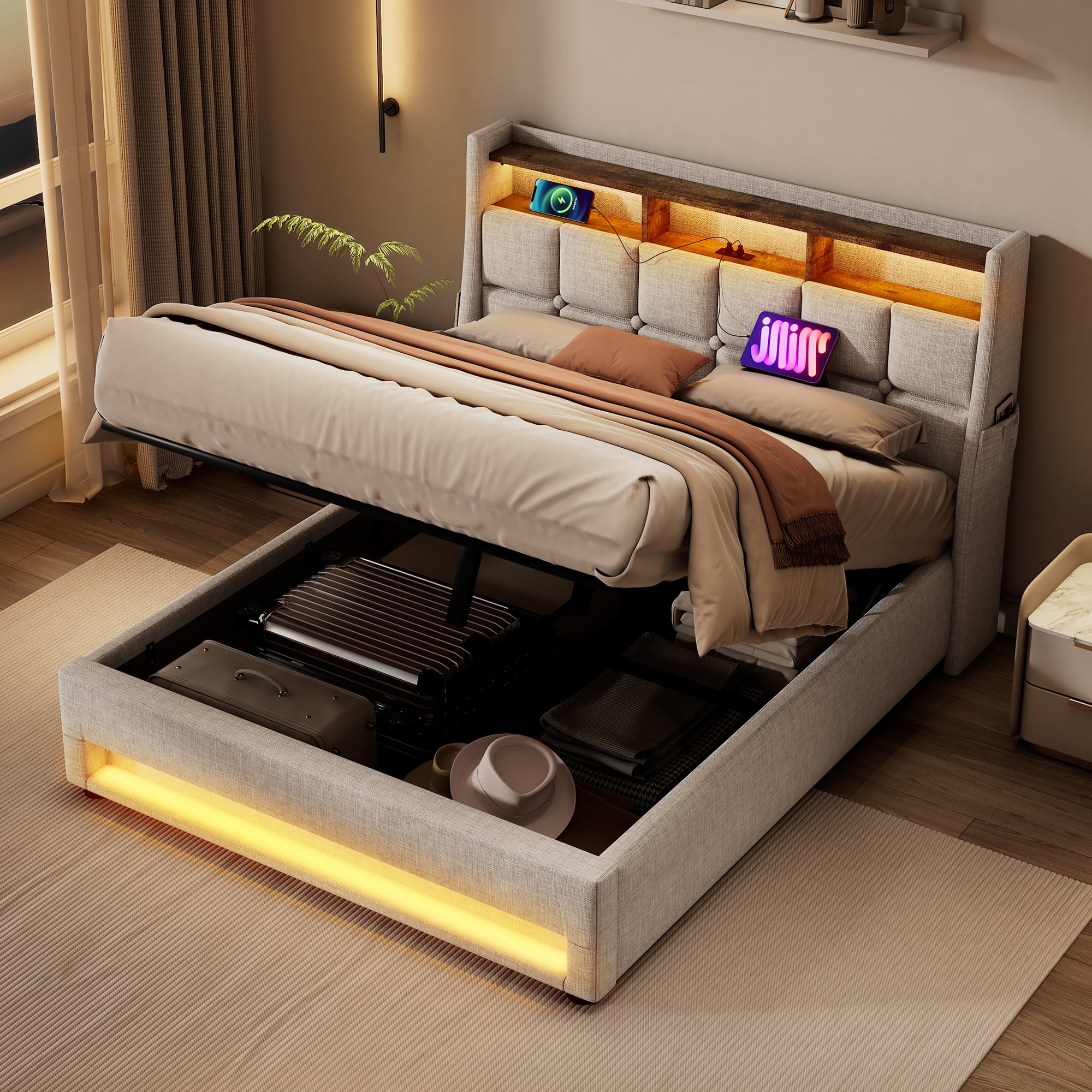 Queen size Platform bed with Hydraulic Storage, LED and Charging Station, No Box Spring Needed