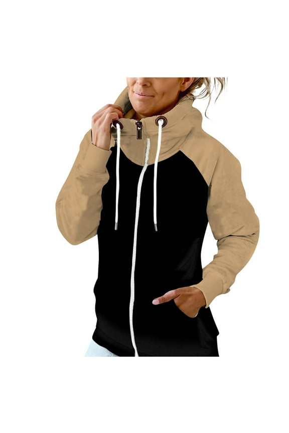Women's Cowl Neck Hoodie Thermal Full Zip Long Sleeve Drawstring Hooded Sweatshirts Color Block Loose Fall Tops with Pockets Khaki S