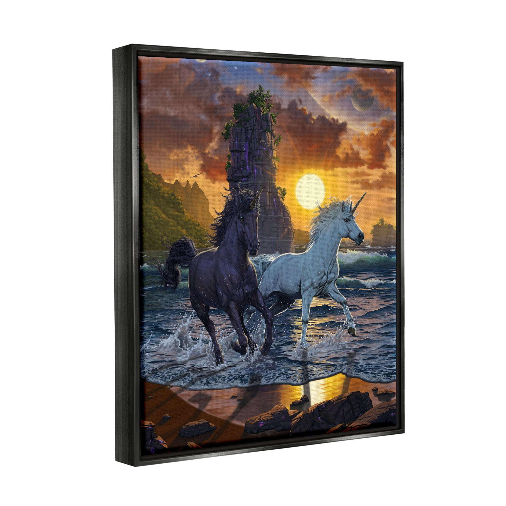 Stupell Industries Unicorns on Beach Fairy Tales & Fantasy Painting Black Floater Framed Canvas Art Print Wall Art, 17 x 21