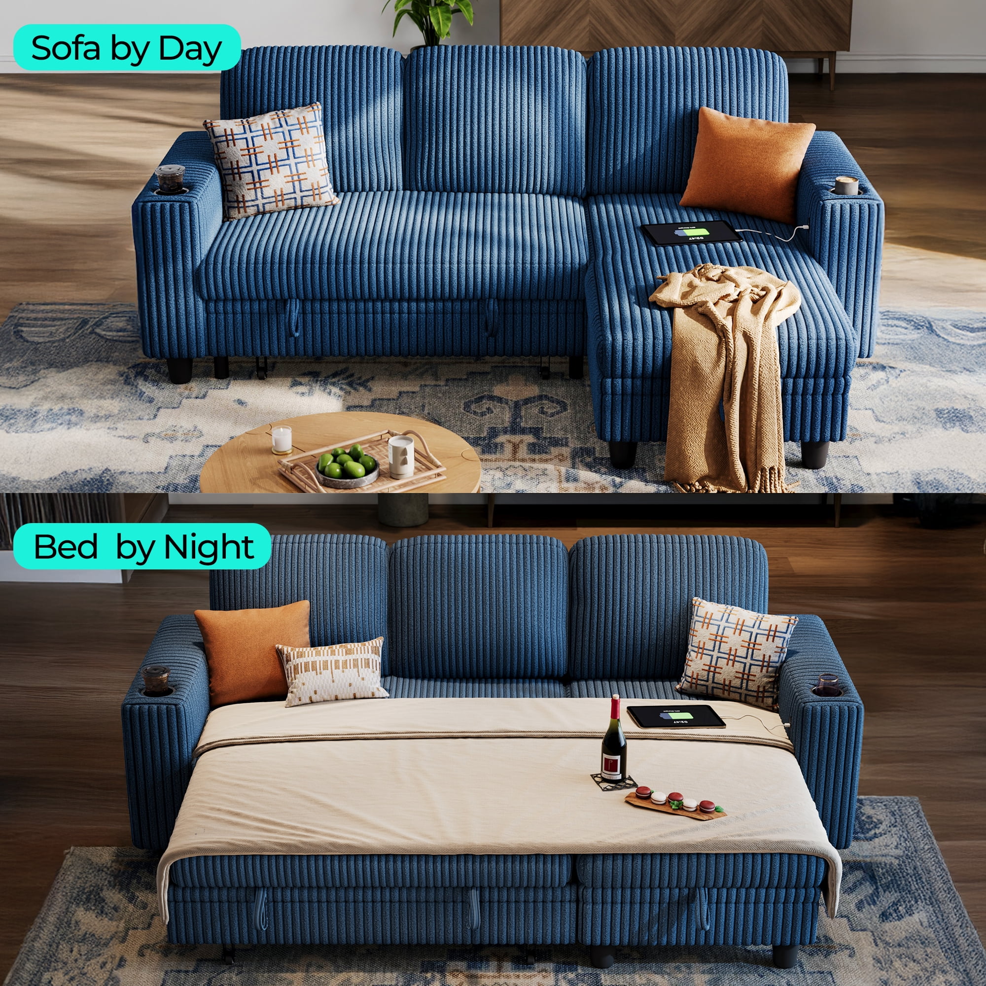LINSY HOME L Shaped Sectional Couches for Living Room, Sleeper Sofa Bed with Reversible Storage Chaise, Pull Out Couch Bed with USB, Cup Holder, Dark Blue